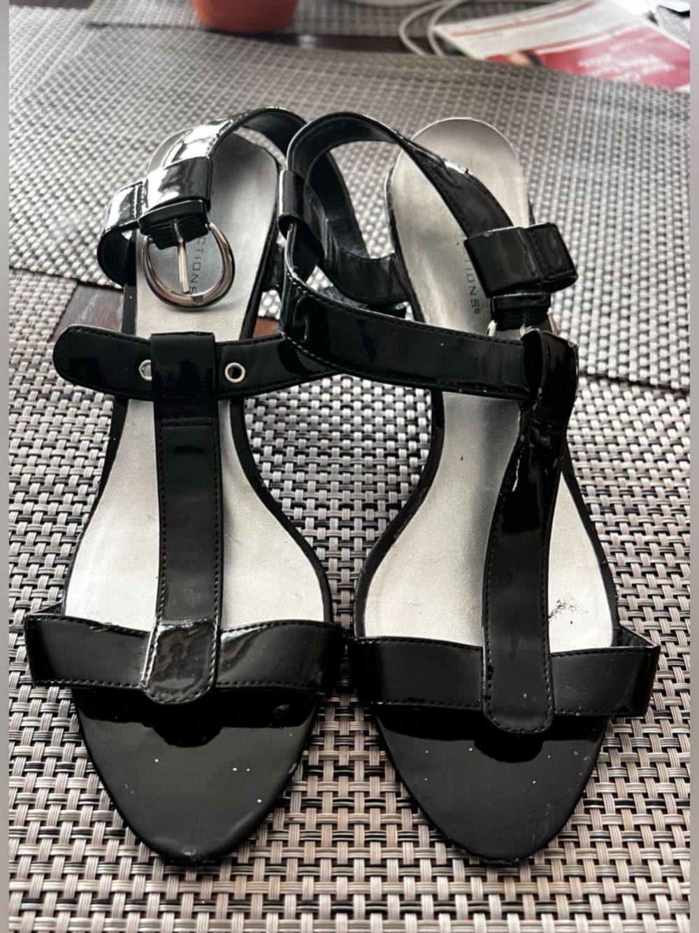 Predictions Black Patent T-Strap Sandals with Ankle Buckle
